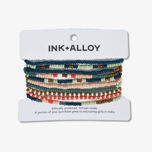 Sage Mixed Stripe Beaded 10 Strand Stretch Bracelet Set Teal + Poppy