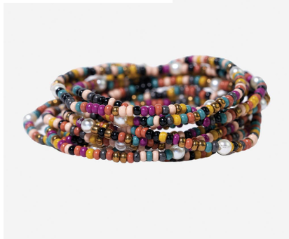 Sage Color Block Beaded 10 Strand Stretch Bracelets Jewel Tone