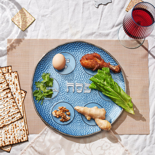 "Blue Pebble" Glass Round Seder Plate