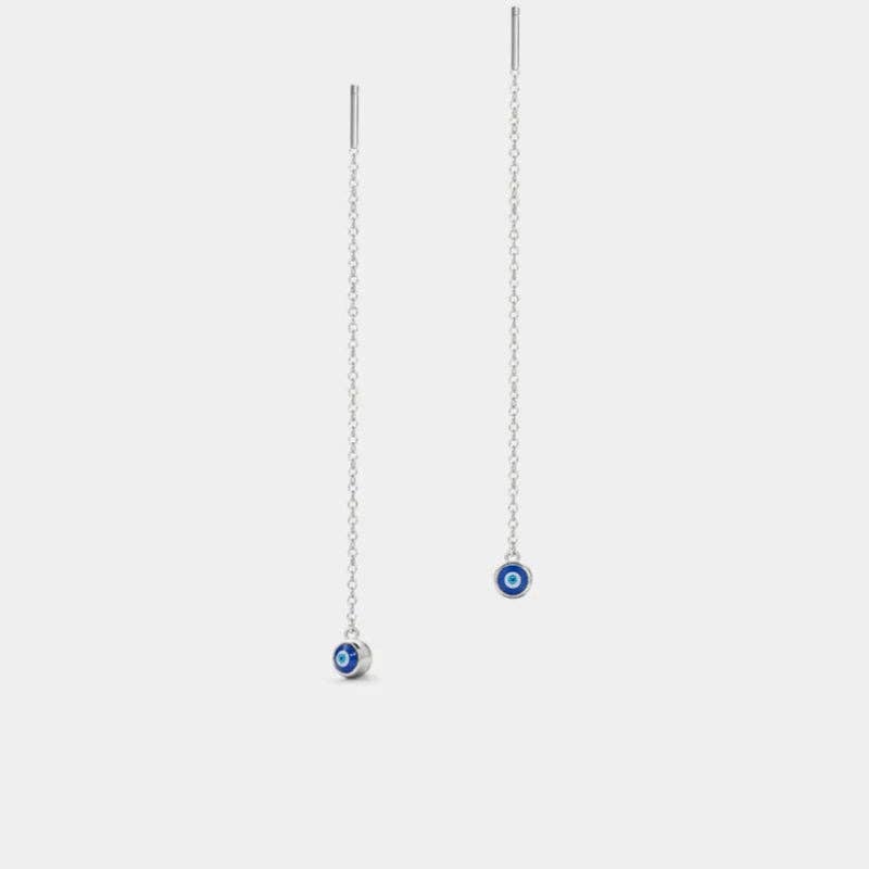 Evil Eye Dangle Threader Earrings in 925 Sterling Silver