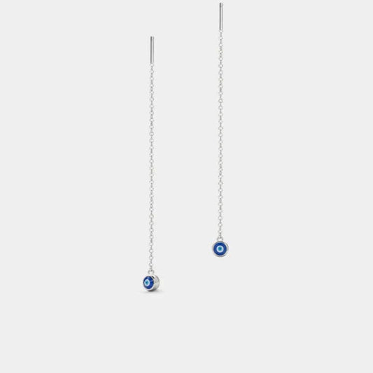 Evil Eye Dangle Threader Earrings in 925 Sterling Silver
