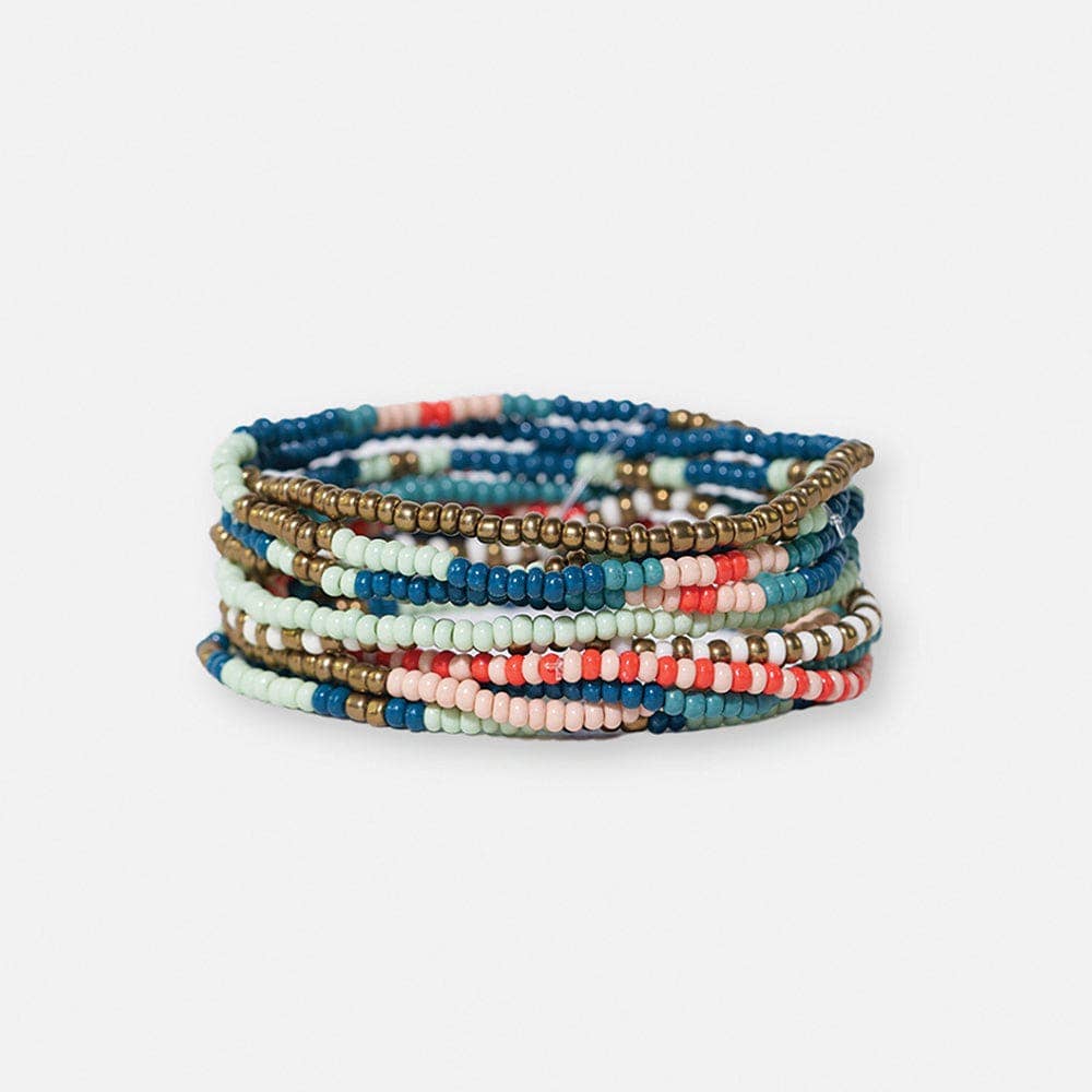 Sage Mixed Stripe Beaded 10 Strand Stretch Bracelet Set Teal + Poppy