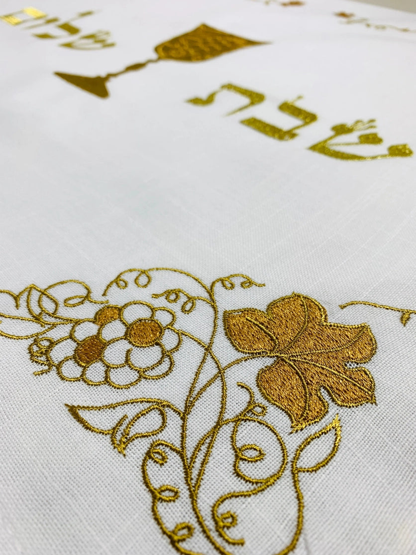 Linen Embroidered Golden Floral Challah Cover