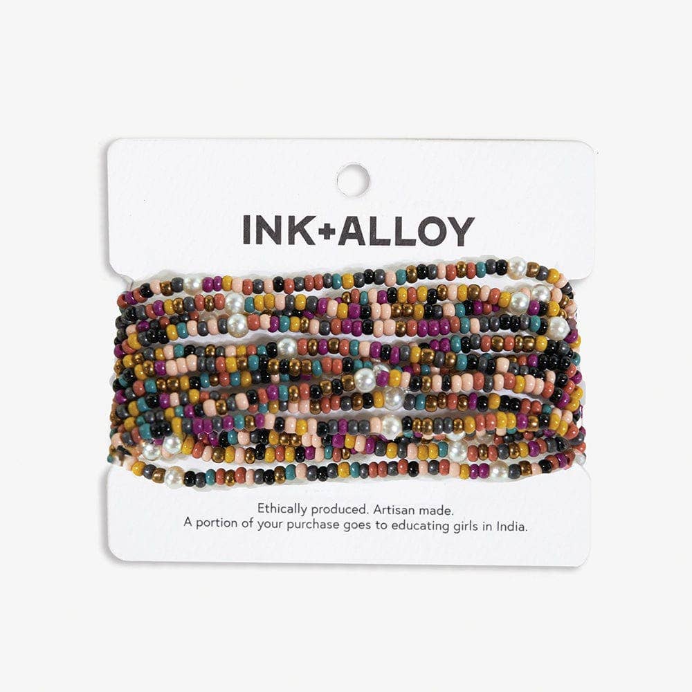 Sage Color Block Beaded 10 Strand Stretch Bracelets Jewel Tone