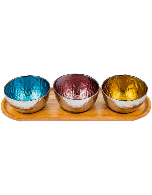 Colored Glass Bowls & Wood Tray 4pc.